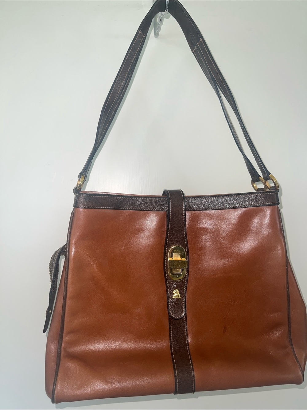 Vintage Mark Cross Brown Leather Shoulder Bag with Dark Trim and Dust Bag